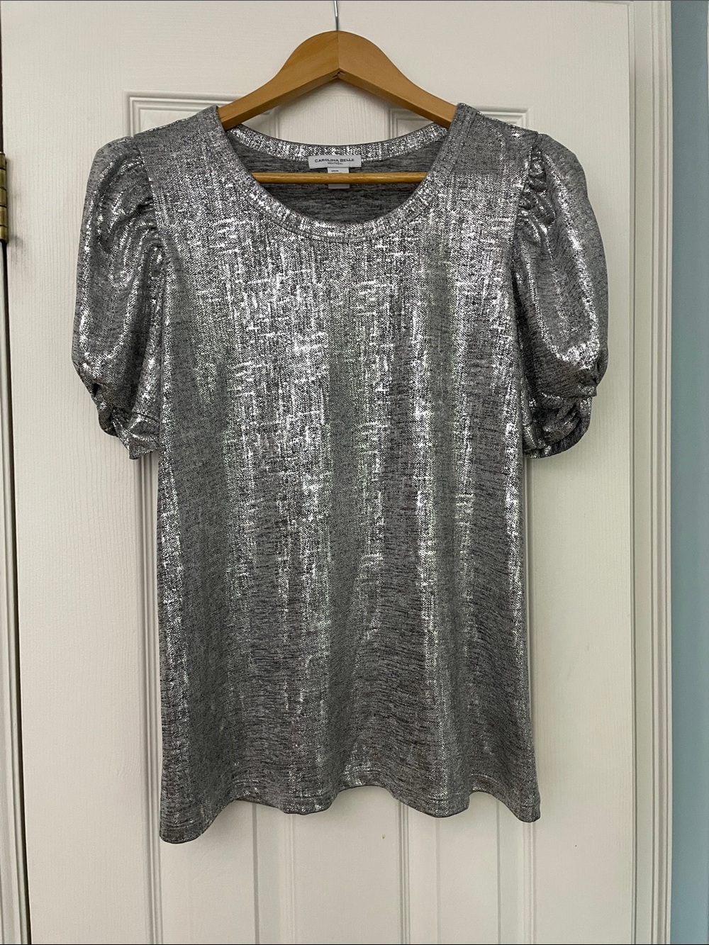 Carolina Belle Silver Metallic Puff-Sleeve Tee